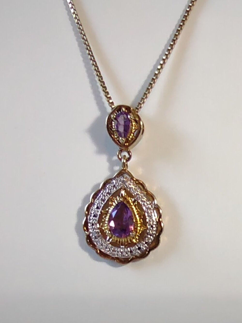 Necklace-2 Amethyst Stones Pendant- + 17.5" Box Chain - Sterling Silver 925 - Picture 3 of 14